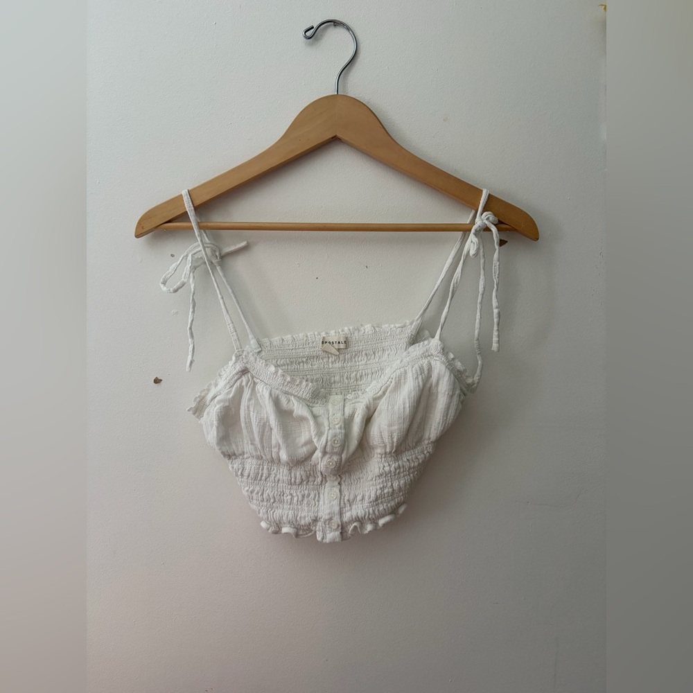 Aeropostale White Smocked Tie-Shoulder Crop Cami